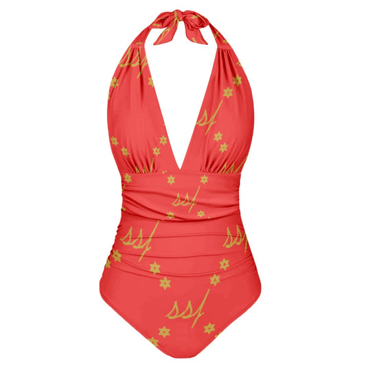 SSF Red with Gold Monogram Women's One-Piece Swimsuit